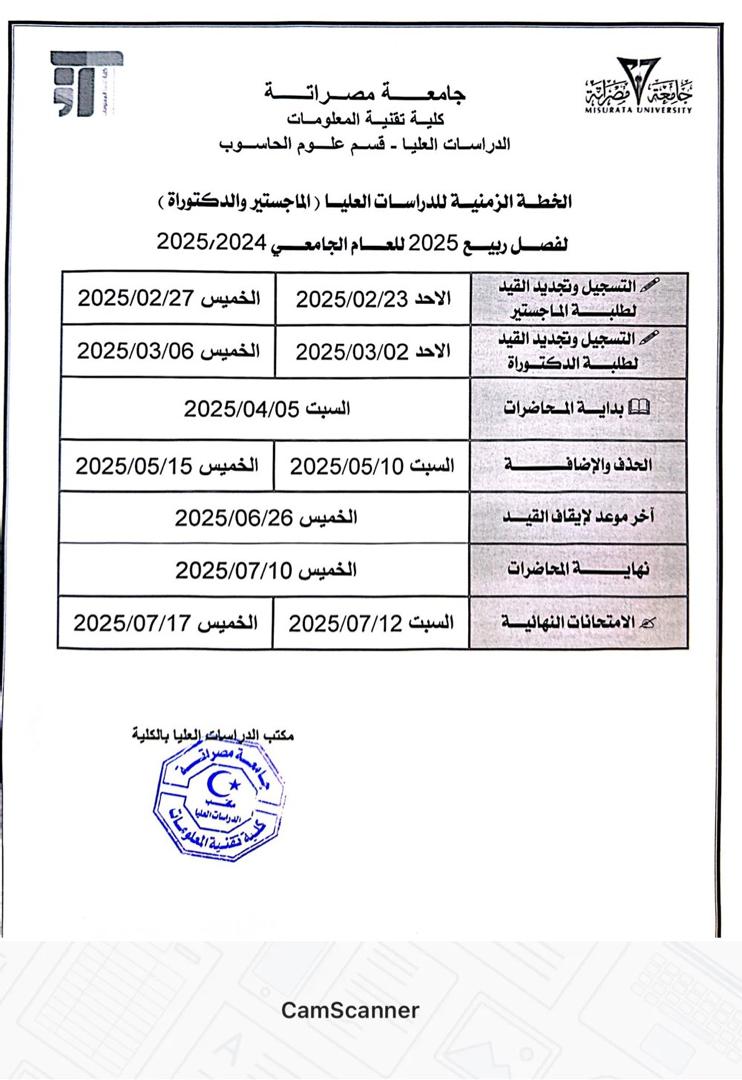 إعلان عن الخطة الزمنية للدراسات العليا بكلية تقنية المعلومات – جامعة مصراتة