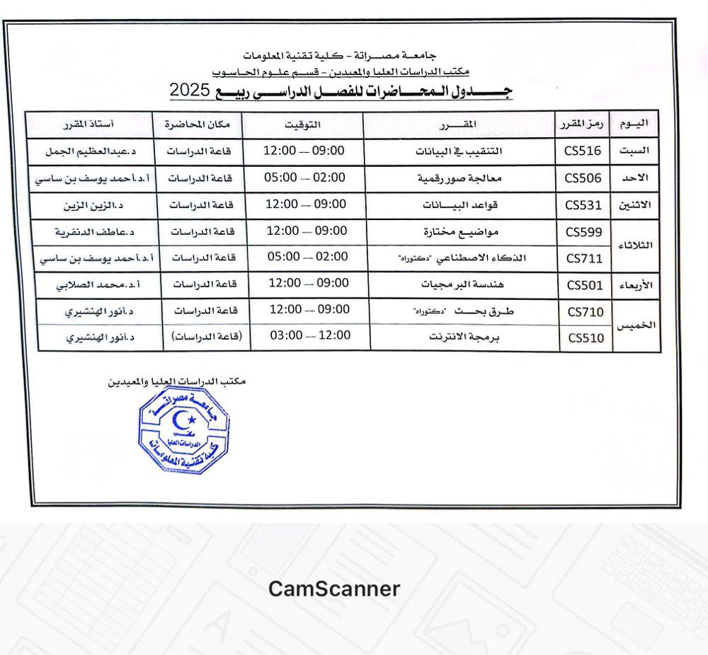 إعلان عن جدول محاضرات الدراسات العليا – فصل ربيع 2025
